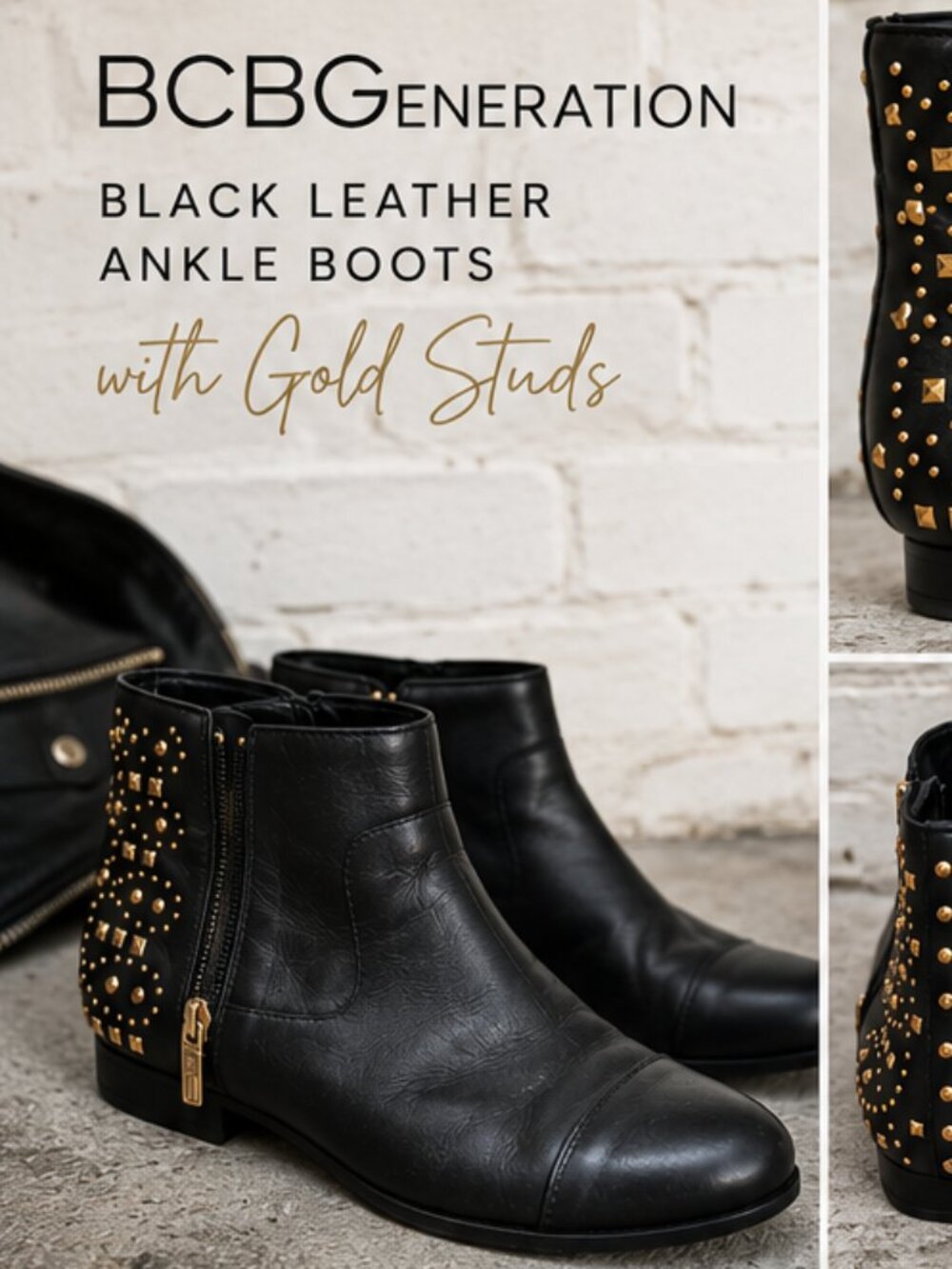 Black Leather Studded Ankle Boots Gold Hardware Moto Chic Size 10 BCBGeneration